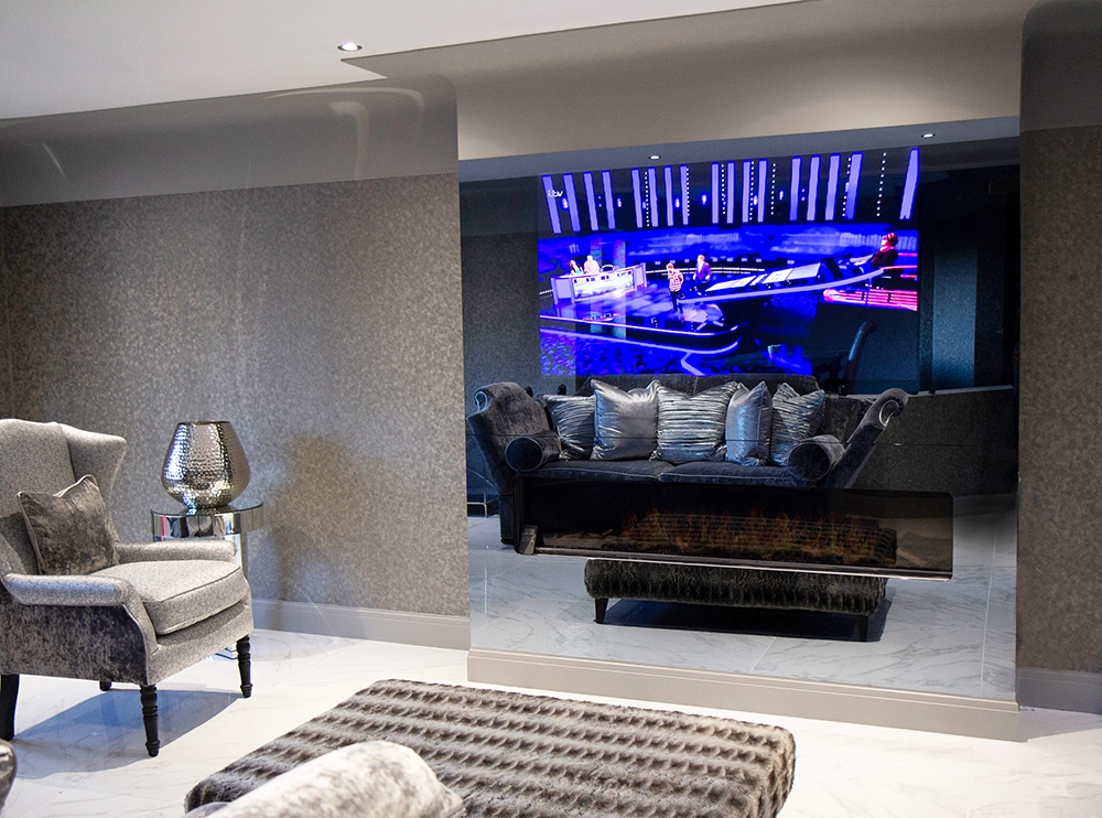 Full Dielectric Mirror Fireplace with 65 inch TV