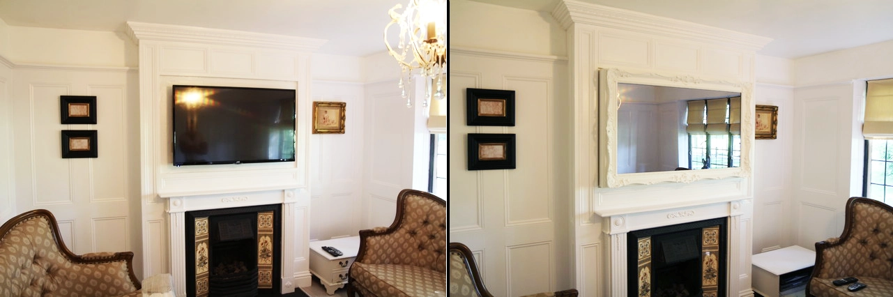 From Clutter to Class: A TV Mirror Transformation 9 White living room interior decor with a TV before and after installing the Mirror TV Frame over it, seamlesly integrating the TV into decor.